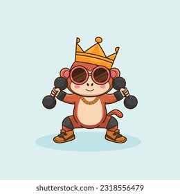 Adorable and Cute Cartoon Monkey lifting dumbbell, Muscles training at gym. Cartoon Vector Workout Icon Illustration, Gym Workout mascot, cute sticker, cartoon style.