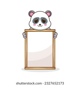 Adorable and Cute Cartoon panda bear illustration holding a blank sign with both hands isolated on white background, cartoon flat vector illustration.