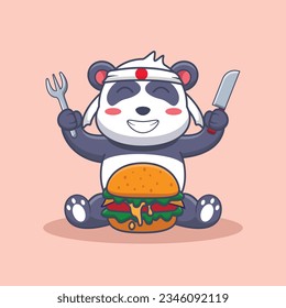 Panda de dibujos animados adorables y bonitos come el vector de mascota de la hamburguesa, el logotipo de dibujos animados tipo animal y mascota de la comida, el logotipo de dibujos animados, el logotipo de dibujos animados, el diseño de ilustraciones de mascotas de alimentos y animales, el diseño de etiquetas adhesivas