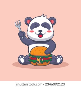 Adorable and Cute Cartoon panda eat Burger Mascot Vector, Cute Cartoon Logo Animal and Food Mascot Illustration Style, Cute Cartoon Logo Animal and Food Mascot Illustration Design, Cute Sticker Design
