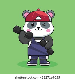 Adorable and Cute Cartoon Panda lifting a dumbbell, Muscles training at the gym. Cute Cartoon panda Vector Workout Icon Illustration, Gym Workout mascot, cute cartoon mascot logo, cartoon flat style.