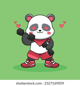 Adorable and Cute Cartoon Panda lifting a dumbbell, Muscles training at the gym. Cute Cartoon panda Vector Workout Icon Illustration, Gym Workout mascot, cute cartoon mascot logo, cartoon flat style.