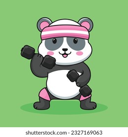 Adorable and Cute Cartoon Panda lifting a dumbbell, Muscles training at the gym. Cute Cartoon panda Vector Workout Icon Illustration, Gym Workout mascot, cute cartoon mascot logo, cartoon flat style.