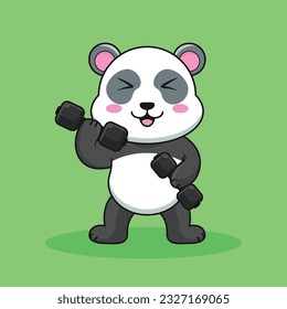 Adorable and Cute Cartoon Panda lifting a dumbbell, Muscles training at the gym. Cute Cartoon panda Vector Workout Icon Illustration, Gym Workout mascot, cute cartoon mascot logo, cartoon flat style.