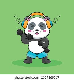 Adorable and Cute Cartoon Panda lifting a dumbbell, Muscles training at the gym. Cute Cartoon panda Vector Workout Icon Illustration, Gym Workout mascot, cute cartoon mascot logo, cartoon flat style.