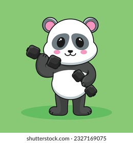 Adorable and Cute Cartoon Panda lifting a dumbbell, Muscles training at the gym. Cute Cartoon panda Vector Workout Icon Illustration, Gym Workout mascot, cute cartoon mascot logo, cartoon flat style.