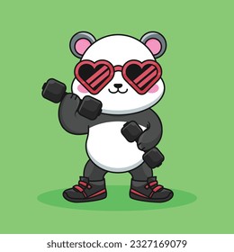 Adorable and Cute Cartoon Panda lifting a dumbbell, Muscles training at the gym. Cute Cartoon panda Vector Workout Icon Illustration, Gym Workout mascot, cute cartoon mascot logo, cartoon flat style.