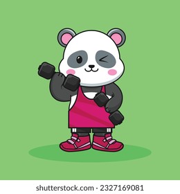 Adorable and Cute Cartoon Panda lifting a dumbbell, Muscles training at the gym. Cute Cartoon panda Vector Workout Icon Illustration, Gym Workout mascot, cute cartoon mascot logo, cartoon flat style.