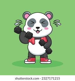 Adorable and Cute Cartoon Panda lifting a dumbbell, Muscles training at the gym. Cute Cartoon panda Vector Workout Icon Illustration, Gym Workout mascot, cute cartoon mascot logo, cartoon flat style.