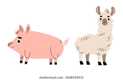 Adorable and Cute Cartoon Pig along with Cheerful Llama Characters for Fun and Creative Designs
