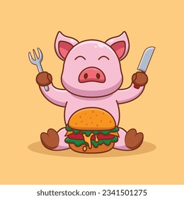 Cerdo de caricatura adorable y lindo come vectores de mascota de hamburguesa, logotipo de caricatura mate estilo de ilustración animal y de mascota de comida, logotipo de caricatura mate animal y diseño de ilustración de mascota de comida, diseño de pegatina suave