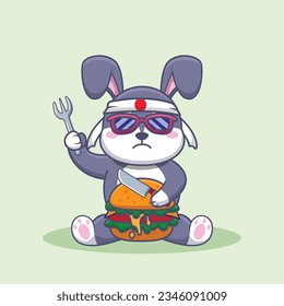 Adorable and Cute Cartoon rabbit eat Burger Mascot Vector, Cute Cartoon Logo Animal and Food Mascot Illustration Style, Cute Cartoon Logo Animal, Food Mascot Illustration Design, Cute Sticker Design
