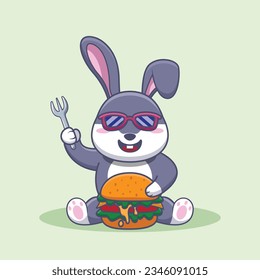 Adorable and Cute Cartoon rabbit eat Burger Mascot Vector, Cute Cartoon Logo Animal and Food Mascot Illustration Style, Cute Cartoon Logo Animal, Food Mascot Illustration Design, Cute Sticker Design
