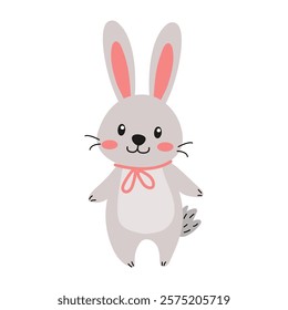 An adorable and cute cartoon rabbit featuring charming pink ears and a lovely bow adorning its head. character design for Easter, vector illustration in flat style on a white background