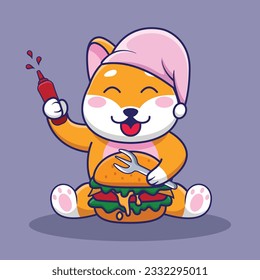 Adorable and Cute Cartoon shiba inu eat Burger Mascot Vector, Cute Cartoon Logo Animal and Food Mascot Illustration Style, Cute Cartoon Logo Animal and Food Mascot Illustration, Cute Sticker design