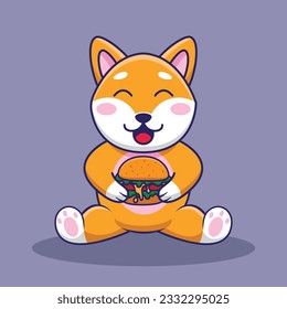 Adorable and Cute Cartoon shiba inu eat Burger Mascot Vector, Cute Cartoon Logo Animal and Food Mascot Illustration Style, Cute Cartoon Logo Animal and Food Mascot Illustration, Cute Sticker design