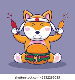 Adorable and Cute Cartoon shiba inu eat Burger Mascot Vector, Cute Cartoon Logo Animal and Food Mascot Illustration Style, Cute Cartoon Logo Animal and Food Mascot Illustration, Cute Sticker design