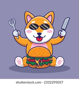 Adorable and Cute Cartoon shiba inu eat Burger Mascot Vector, Cute Cartoon Logo Animal and Food Mascot Illustration Style, Cute Cartoon Logo Animal and Food Mascot Illustration, Cute Sticker design