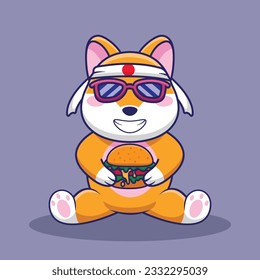 Adorable and Cute Cartoon shiba inu eat Burger Mascot Vector, Cute Cartoon Logo Animal and Food Mascot Illustration Style, Cute Cartoon Logo Animal and Food Mascot Illustration, Cute Sticker design