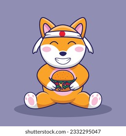 Adorable and Cute Cartoon shiba inu eat Burger Mascot Vector, Cute Cartoon Logo Animal and Food Mascot Illustration Style, Cute Cartoon Logo Animal and Food Mascot Illustration, Cute Sticker design