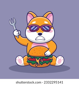 Adorable and Cute Cartoon shiba inu eat Burger Mascot Vector, Cute Cartoon Logo Animal and Food Mascot Illustration Style, Cute Cartoon Logo Animal and Food Mascot Illustration, Cute Sticker design