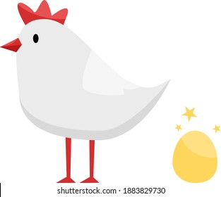 Adorable cute cartoon style flat vector illustration of a hen, rooster, chicken with a golden egg. Farming hatch, easter party decoration, agriculture festival, invitation, animation.
