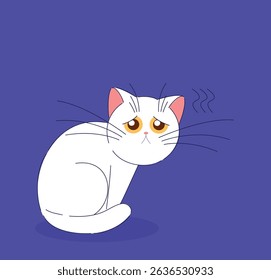 An Adorable and Cute CartoonStyle White Cat with a Sad Expression Set Against a Purple Background
