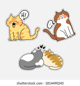 Adorable Cute Cat Kitten Doodle Illustration Sticker 3 Asset Set. Best For Messenger Chat App, Print Premium Vector