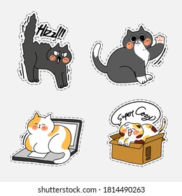 Adorable Cute Cat Kitten Doodle Illustration Sticker 2 Asset Set. Best For Messenger Chat App, Print Premium Vector