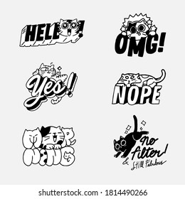 Adorable Cute Cat Kitten Doodle Illustration Sticker 1 Asset Set. Best For Messenger Chat App, Print Premium Vector