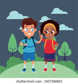 adorable cute children, girl with a boy school students wearing backpack happy childhood cartoon in nature outdoors scenery with trees ,vector illustration graphic design.