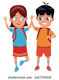 adorable cute children, girl with a boy school students wearing backpack happy childhood cartoon vector illustration graphic design