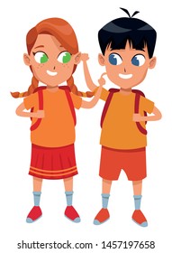 adorable cute children, girl with a boy school students wearing backpack happy childhood cartoon vector illustration graphic design