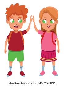 adorable cute children, girl with a boy school students wearing backpack happy childhood cartoon vector illustration graphic design