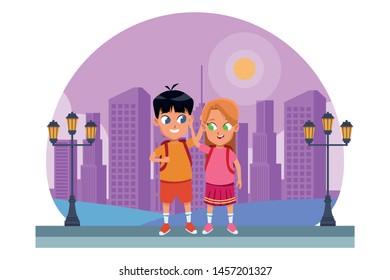 adorable cute children, girl with a boy school students wearing backpack happy childhood cartoon in the city park, nature and urban scenery ,vector illustration graphic design.