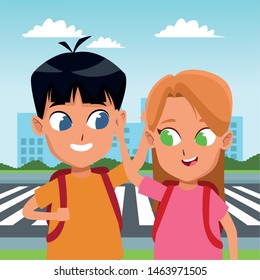 adorable cute children, girl with a boy school students wearing backpack happy childhood cartoon in the city urban scenery background vector illustration graphic design.