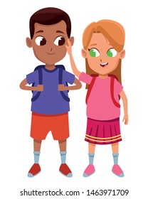 adorable cute children, girl with a boy school students wearing backpack happy childhood cartoon vector illustration graphic design
