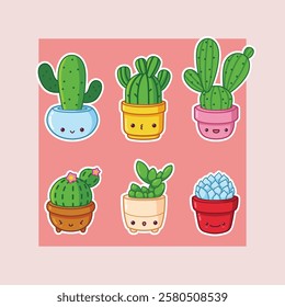 adorable cute colorful cactus clip art collection drawing with expression