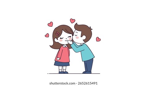 Adorable Cute Couple Sharing A Sweet Kiss On The Cheek Surrounded By Floating Hearts Symbolizing Their Deep Affection