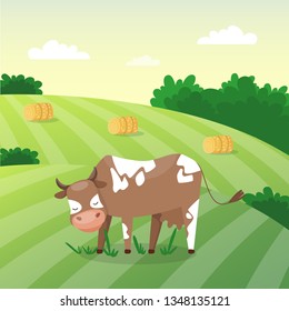 Adorable cute cow on the green meadow with haystacks. Rural field landscape. Vector design for milky pack or illustration for children. Cartoon flat style.