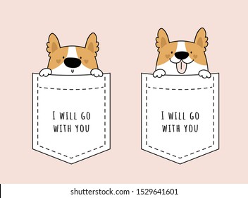 Adorable cute dog sitting in the pocket. Puppy isolated background. Funny animal or pet. Corgi pet. Illustration in flat cartoon style for prints, cards, decoration, textile