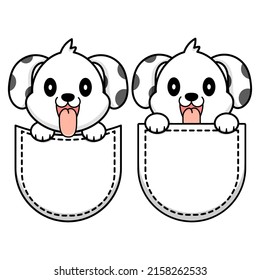 Adorable cute dog sitting in the pocket. Puppy isolated background. Funny animal or pet.Illustration in flat cartoon style for prints, cards, decoration, textile
