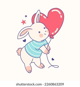 Adorable cute doodle bunny with heart shaped balloon, concept of st.Valentine's day, love. Print for tee, t shirt, t, sweatshirt, cartoon sticker.