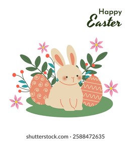 Adorable cute Easter bunny sitting on a meadow surrounded by Easter eggs and spring flowers. Perfect for holiday greeting cards, invitations, and festive decorations. Artwork with cheerful style