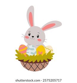 An adorable and cute Easter Bunny surrounded by a variety of colorful eggs in a charming basket