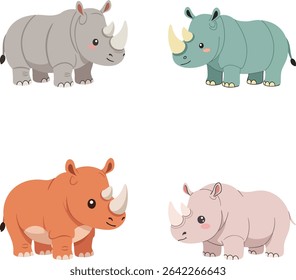 adorable Cute flat illustration of a rhinoceros character collection