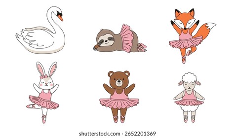 Adorável bonitos animais da floresta dançando balé em tutus para crianças e decoração de berçário bebê