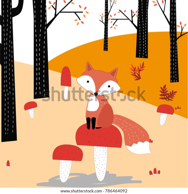 Adorable Cute Fox Wolf Mushroom Jungle Stock Vector Royalty Free