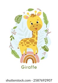 Adorable cute giraffe standing on a bright rainbow. Flat style vector illustration for birthday invitation, cards and stickers.