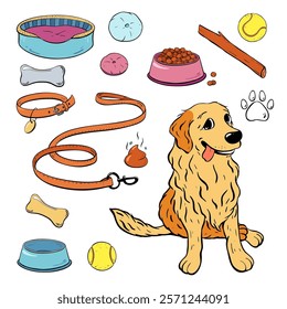 An adorable and cute Golden Retriever wearing various dog accessories and surrounded by toys. Vector illustration. Pet shop